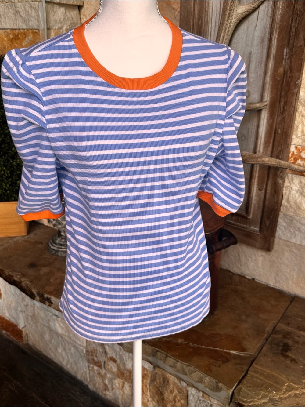 Striped Puff-Sleeve Knit Top in Blue and White with Orange Trim
